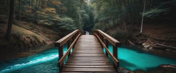 Poster - Serene Wooden Bridge Over Turquoise Stream in Lush Green Forest Pathway Inviting Nature Escape and Tranquility Experience
