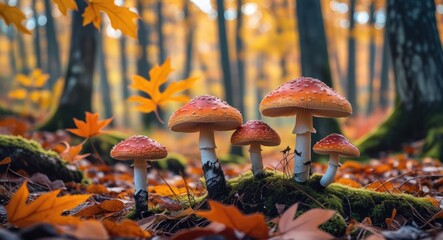 Poster - Autumn forest scene showcasing vibrant leaves and colorful mushrooms surrounded by enchanting fall foliage and soft woodland light.