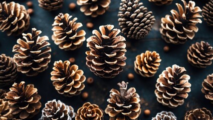 Poster - Background texture featuring a collection of pine cones in various sizes arranged artfully on a dark surface with selective focus effects.