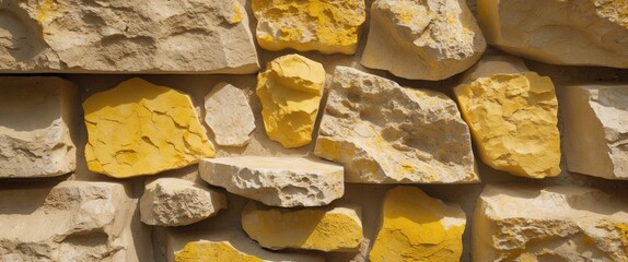 Poster - Beige and yellow stone wall texture with natural patterns ideal for background or architectural design projects.