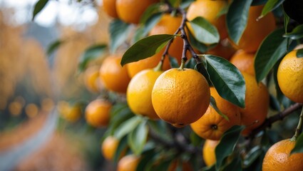 Poster - Vibrant autumn scene showcasing ripe citrus fruits hanging on branches amid colorful foliage in a serene landscape.