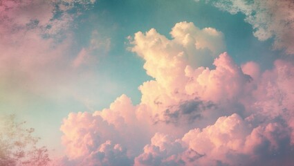 Poster - Pastel gradient cloudy sky with grunge texture creating a serene and abstract nature background for artistic design projects.
