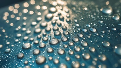 Poster - Macro shot of glistening water droplets on glass with blurred background highlighting texture and reflections in soft natural light