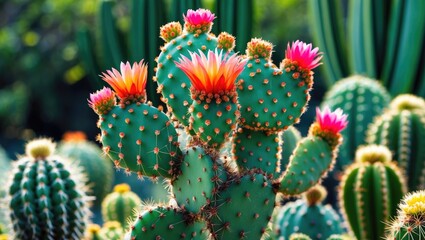 Poster - Vibrant Monadenium Lugardiae cactus showcasing stunning flowers against a lush green background for nature enthusiasts and plant lovers.