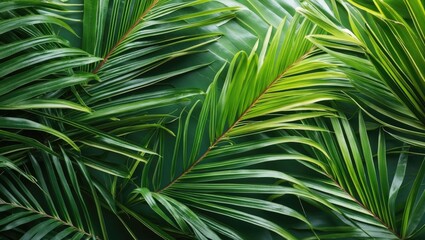 Poster - Lush green abstract background featuring detailed textures of tropical palm leaves arranged in a natural composition.