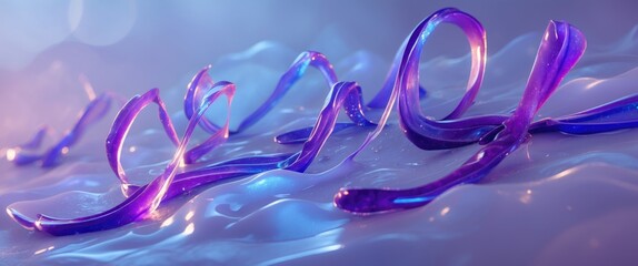 Poster - Elegant water calligraphy in flowing purple ribbons on a soft, illuminated background, capturing the beauty of fluid art and creativity.