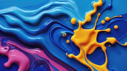 Fototapete - Vibrant abstract fluid art background with swirling blue, pink, and yellow acrylic paints creating a luxurious splash effect.