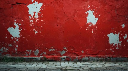Poster - Textured red wall with white paint splatters and a cobblestone floor in a grungy urban setting for background or decorative use.