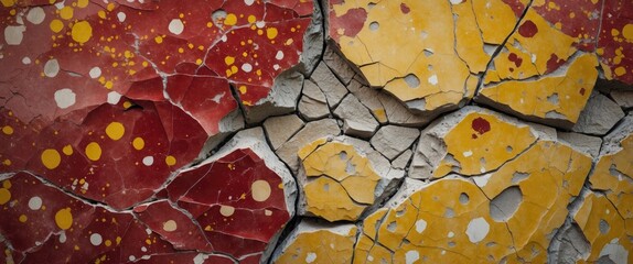 Poster - Cracked natural marble background in red and yellow tones with varying spot sizes showcasing texture and color contrast.