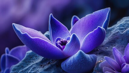 Poster - Sensational close-up of a captivating blue and purple flower against a soft-focus background showcasing delicate petals and serene beauty.