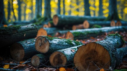 Poster - Scenic forest logs with vibrant autumn foliage showcasing natural textures and peaceful woodland atmosphere for outdoor and nature themes.