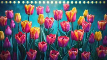 Poster - Vibrant multicolored tulip field with a soft blue background ideal for spring-themed designs and floral compositions