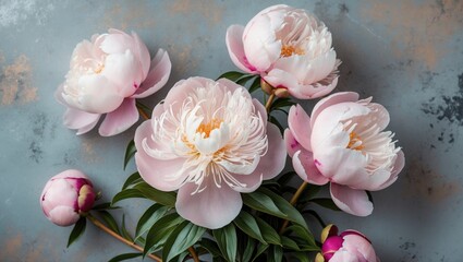 Poster - Soft Pink Peony Flowers Arrangement on Textured Background with Ample Copy Space for Floral Designs and Illustrative Content.