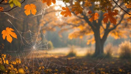 Poster - Autumn scene with sunlight illuminating cobwebs among colorful leaves in a serene natural setting. Perfect for seasonal themes and nature photography.