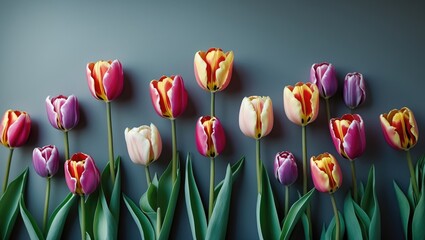 Poster - Vibrant tulips in various colors arranged neatly against a textured grey background showcasing nature's beauty and elegance