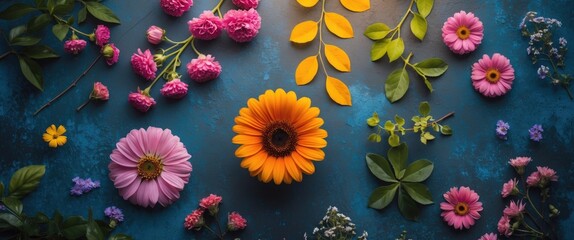 Poster - Vibrant flat lay of assorted flowers and leaves on a blue background showcasing natural beauty and creative texture concept
