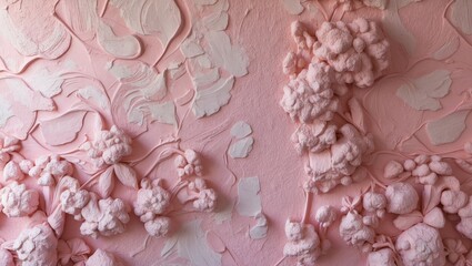 Poster - Textured light pink plaster wall featuring decorative stucco and abstract floral patterns ideal for interior design and artistic wallpaper applications.