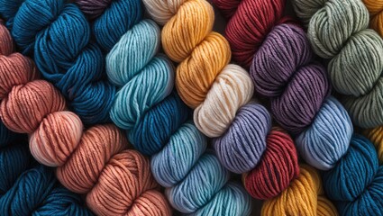 Poster - Colorful display of crocheted yarn in various shades showcasing texture and pattern ideal for crafting or textile design backgrounds