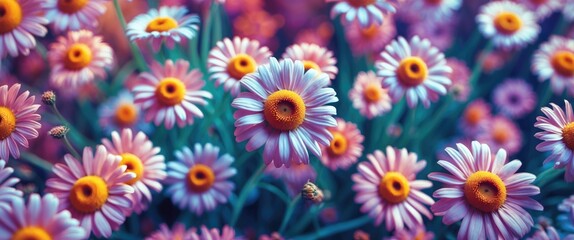 Poster - Vibrant field of blooming daisies with soft pink and orange hues creating a serene and colorful floral background.