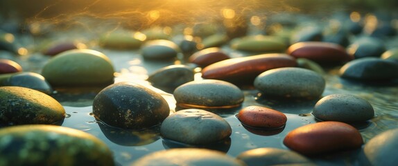 Poster - Smooth river pebbles illuminated by soft sunlight creating a tranquil natural background for texture and desktop use