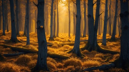 Poster - Golden forest landscape with tall trees and illuminated ground creating a serene natural wallpaper for design and decoration purposes.