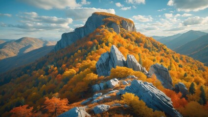 Poster - Majestic autumn mountain landscape featuring vibrant foliage and rocky outcroppings beneath a blue sky with soft clouds.
