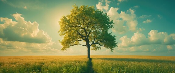 Poster - Serene artistic landscape featuring a solitary tree in a field captured using Pep Ventosa technique with vibrant skies and natural light.