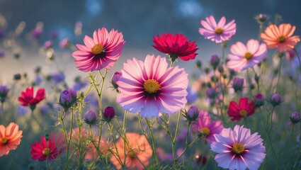 Poster - Vibrant Cosmos Flowers Blooming in a Sunny Garden with Soft Focus Background