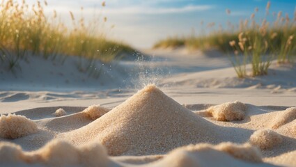 Poster - Serene sandy landscape with gentle dunes and soft grass under a bright sky in Palanga Lithuania