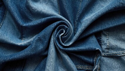 Poster - Denim fabric swirl texture in deep blue showcasing intricate patterns and softness ideal for fashion and textile backgrounds