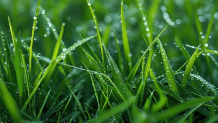 Poster - Lush Green Grass with Dew Drops Reflecting Morning Light in a Natural Setting