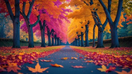 Poster - Vibrant autumn landscape in Europe featuring colorful foliage, tree-lined path, and falling leaves creating a picturesque seasonal backdrop.