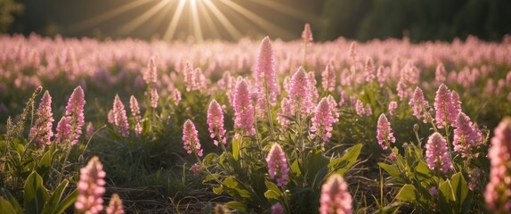 Poster - Vibrant Pink Wildflowers Blooming in a Sunlit Field with Soft Natural Light and Beautiful Sun Rays Illuminating the Landscape