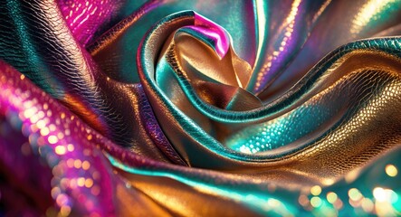 Poster - Vibrant iridescent leather texture close-up with bold colors and smooth surface twisted in an elegant form for creative design backgrounds.