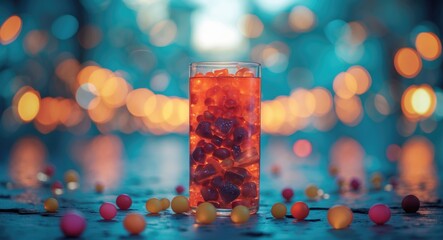 Poster - Vibrant bokeh background featuring a glass of colorful candy with blurred lights creating a festive and inviting atmosphere.