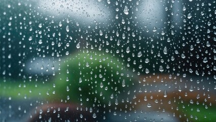 Poster - Raindrops on window glass creating a textured background with soft focus on greenery and blurred outdoor elements during a rainy day