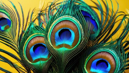 Poster - Vibrant peacock feathers showcasing iridescent hues of blue and green against a bright yellow background for a stunning visual appeal.