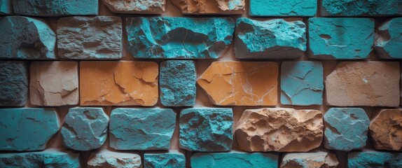 Poster - Textured stone wall background with colorful stones and ample copy space for design or branding applications. Ideal for creative projects.