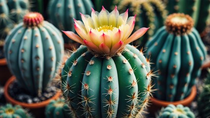 Poster - Vibrant Closeup of Flowering Cactus in Pot with Sharp Thorns and Beautiful Blooms in Natural Setting