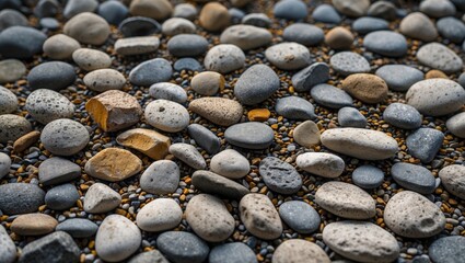 Poster - Pebble stone texture for design background showcasing various shapes and colors in a natural park setting with intricate details.