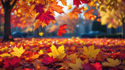 Poster - Vibrant autumn scene with colorful maple leaves in shades of orange, red, and yellow creating a picturesque outdoor background.