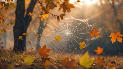 Poster - Autumn landscape featuring vibrant leaves and delicate cobwebs illuminated by soft morning sunlight in a tranquil natural setting.