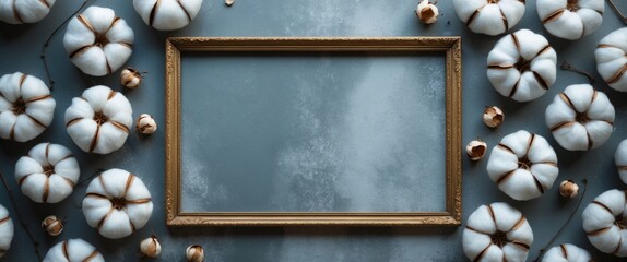 Poster - Rustic cotton frame surrounded by fluffy cotton bolls on a textured grey background in a top view flat lay composition.