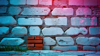 Poster - Textured old white stone wall featuring a single red brick with vibrant color highlights and subtle greenery at the base.