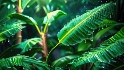Poster - Lush green banana leaves adorned with fresh water droplets in a vibrant natural setting for a refreshing tropical theme.