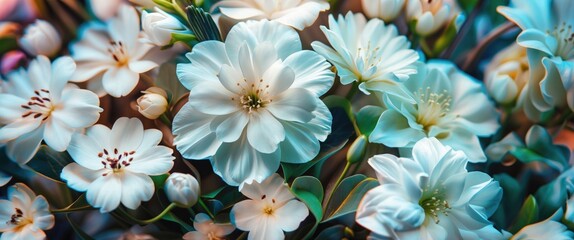 Poster - Close-up of delicate white flowers creating a soft and serene floral background perfect for decoration or texture designs.