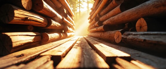 Poster - Wooden logs stacked in a forest illuminated by sunlight creating a warm, inviting atmosphere for nature and outdoor themes.