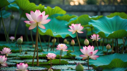 Poster - Serene lotus garden with vibrant pink flowers and lush green leaves under soft sunlight