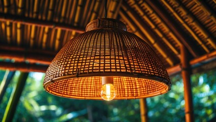 Poster - Bamboo pendant lamp with woven shade illuminating space with warm natural light, suspended from a bamboo ceiling in an inviting setting.