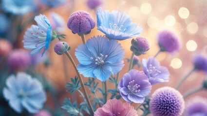 Poster - chicory and mallow flowers in soft pastel colors with a dreamy bokeh background for floral design an